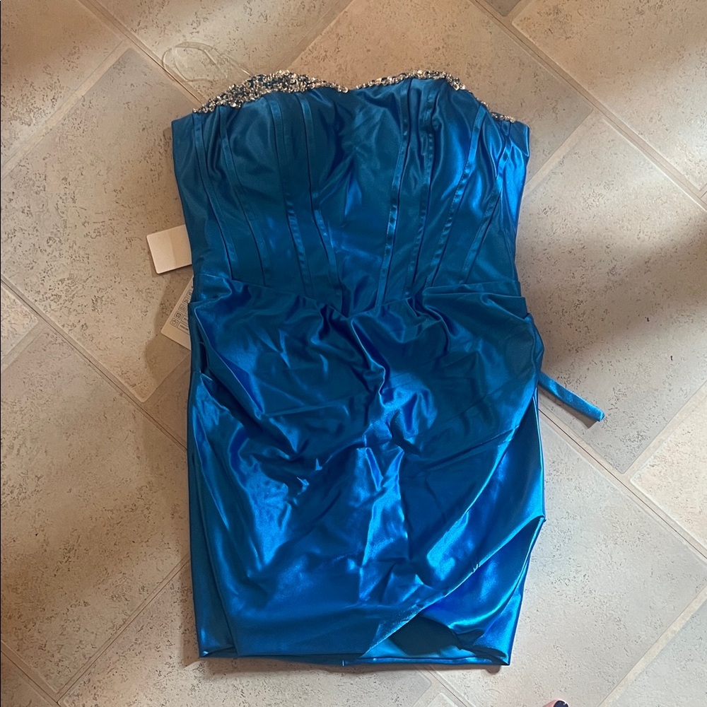 Strapless Blue Satin Dress with Embellished Neckline